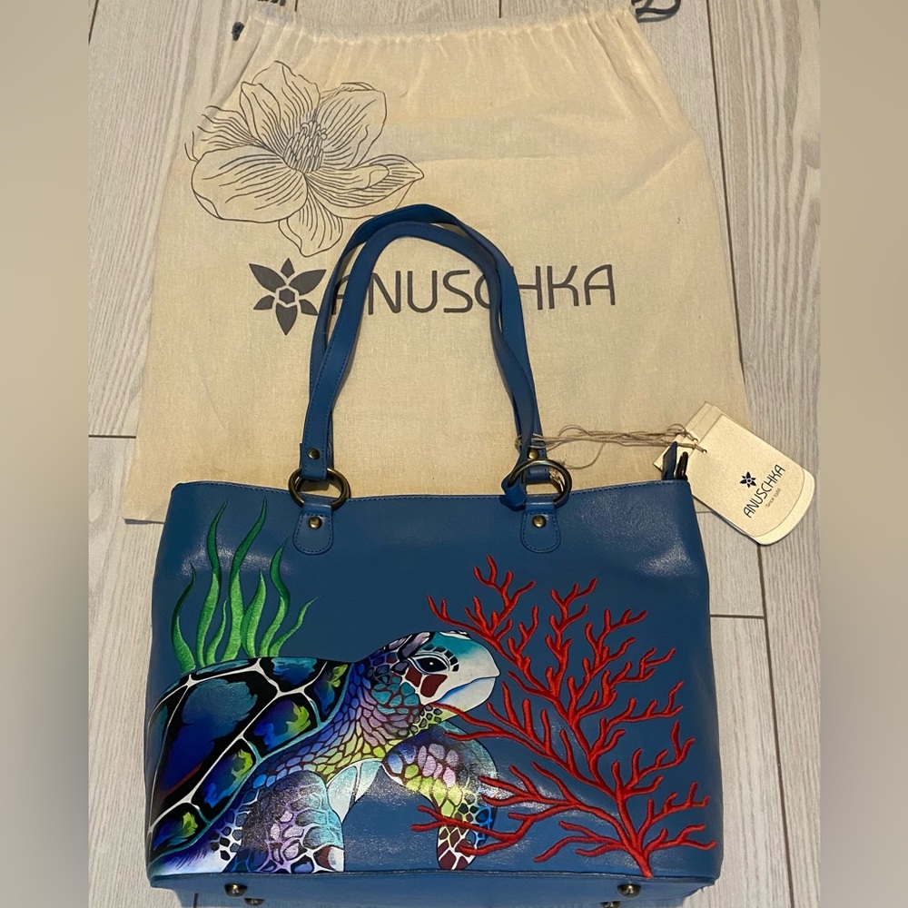 Anuschka Blue Hand-Painted Leather Tote Bag